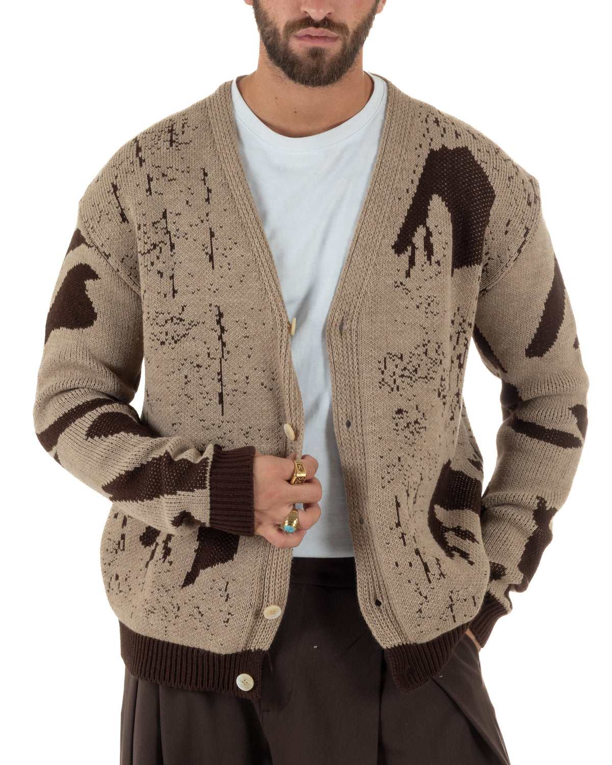 Cardigan lana uomo maglia scollo a V bottoni spalle scese bicolore beige GIOSAL-M3187A