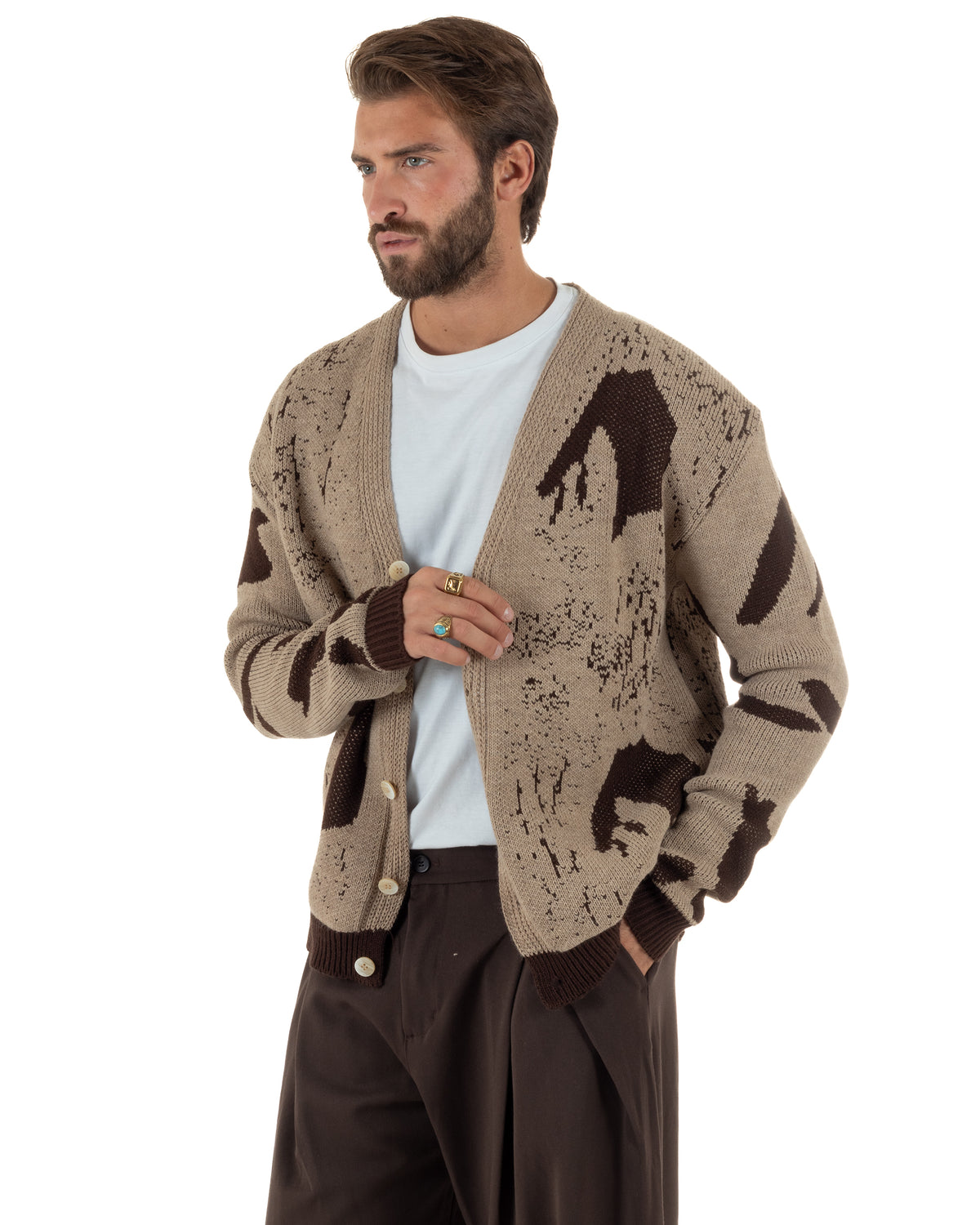 Cardigan lana uomo maglia scollo a V bottoni spalle scese bicolore beige GIOSAL-M3187A
