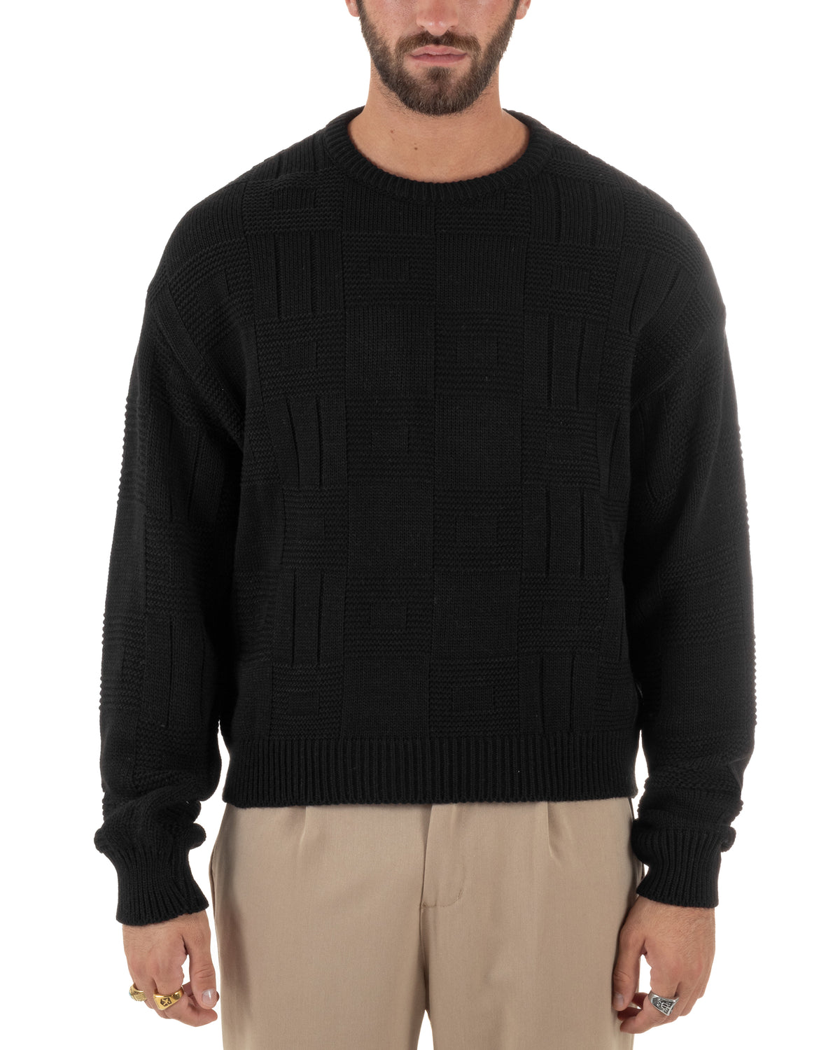 Maglioncino misto lana uomo girocollo boxy fit fantasia a quadri coste nero GIOSAL-M3188A
