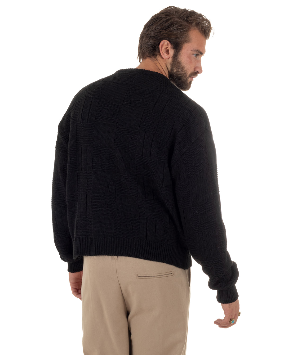 Maglioncino misto lana uomo girocollo boxy fit fantasia a quadri coste nero GIOSAL-M3188A