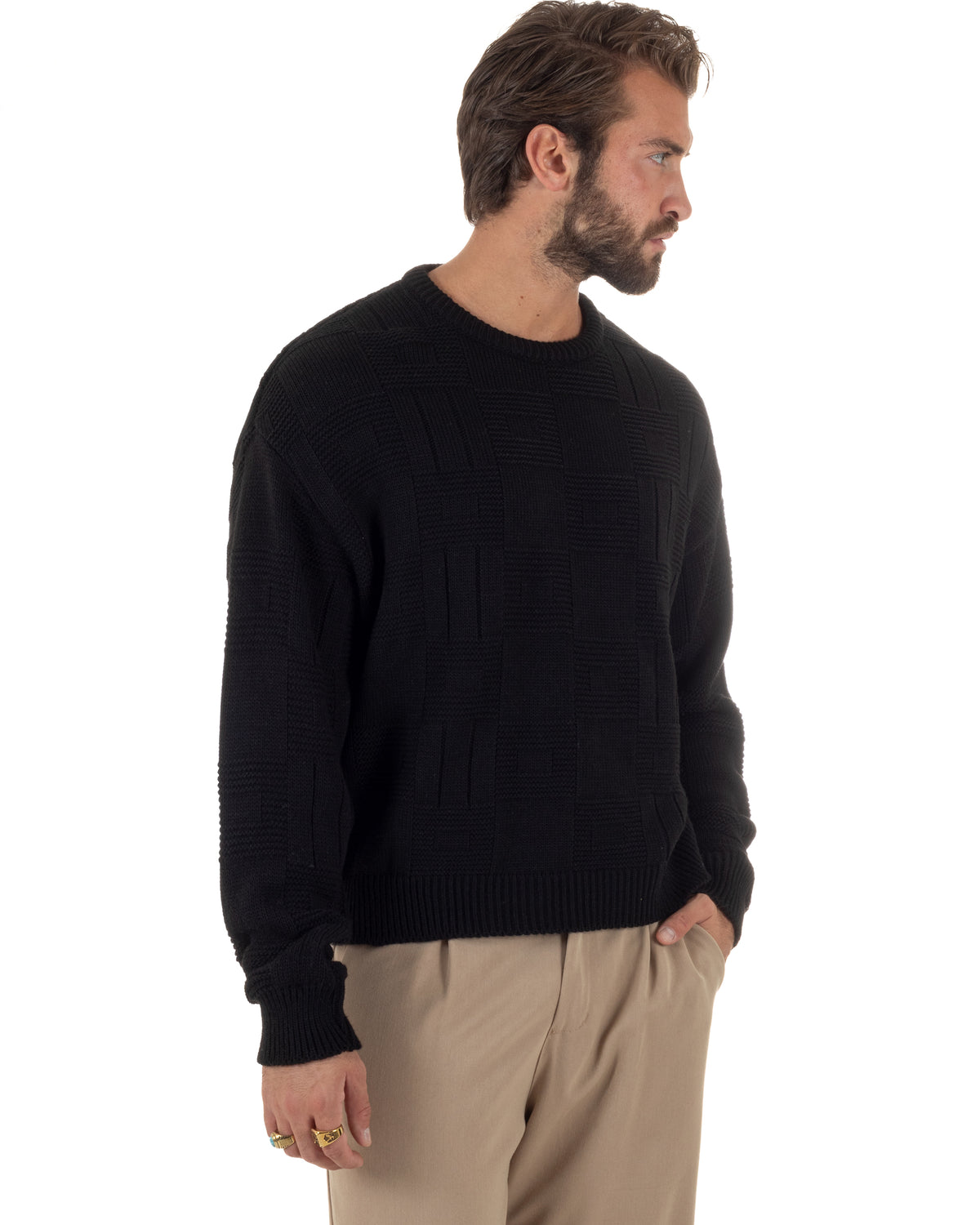 Maglioncino misto lana uomo girocollo boxy fit fantasia a quadri coste nero GIOSAL-M3188A