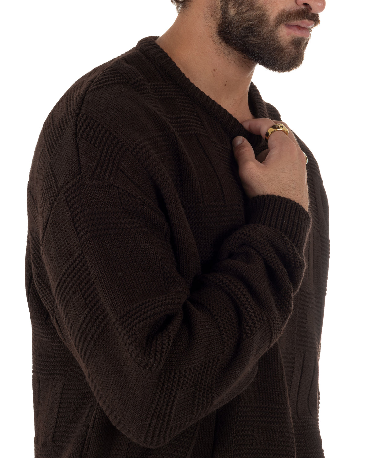 Maglioncino misto lana uomo girocollo boxy fit fantasia a quadri coste marrone GIOSAL-M3189A