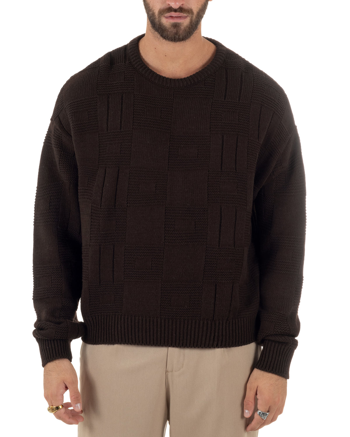 Maglioncino misto lana uomo girocollo boxy fit fantasia a quadri coste marrone GIOSAL-M3189A