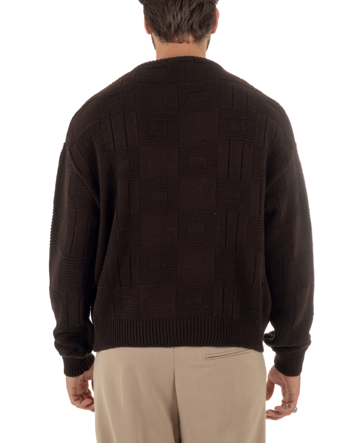 Maglioncino misto lana uomo girocollo boxy fit fantasia a quadri coste marrone GIOSAL-M3189A