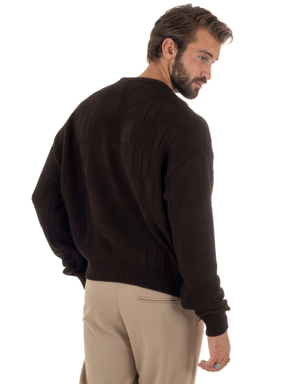 Maglioncino misto lana uomo girocollo boxy fit fantasia a quadri coste marrone GIOSAL-M3189A