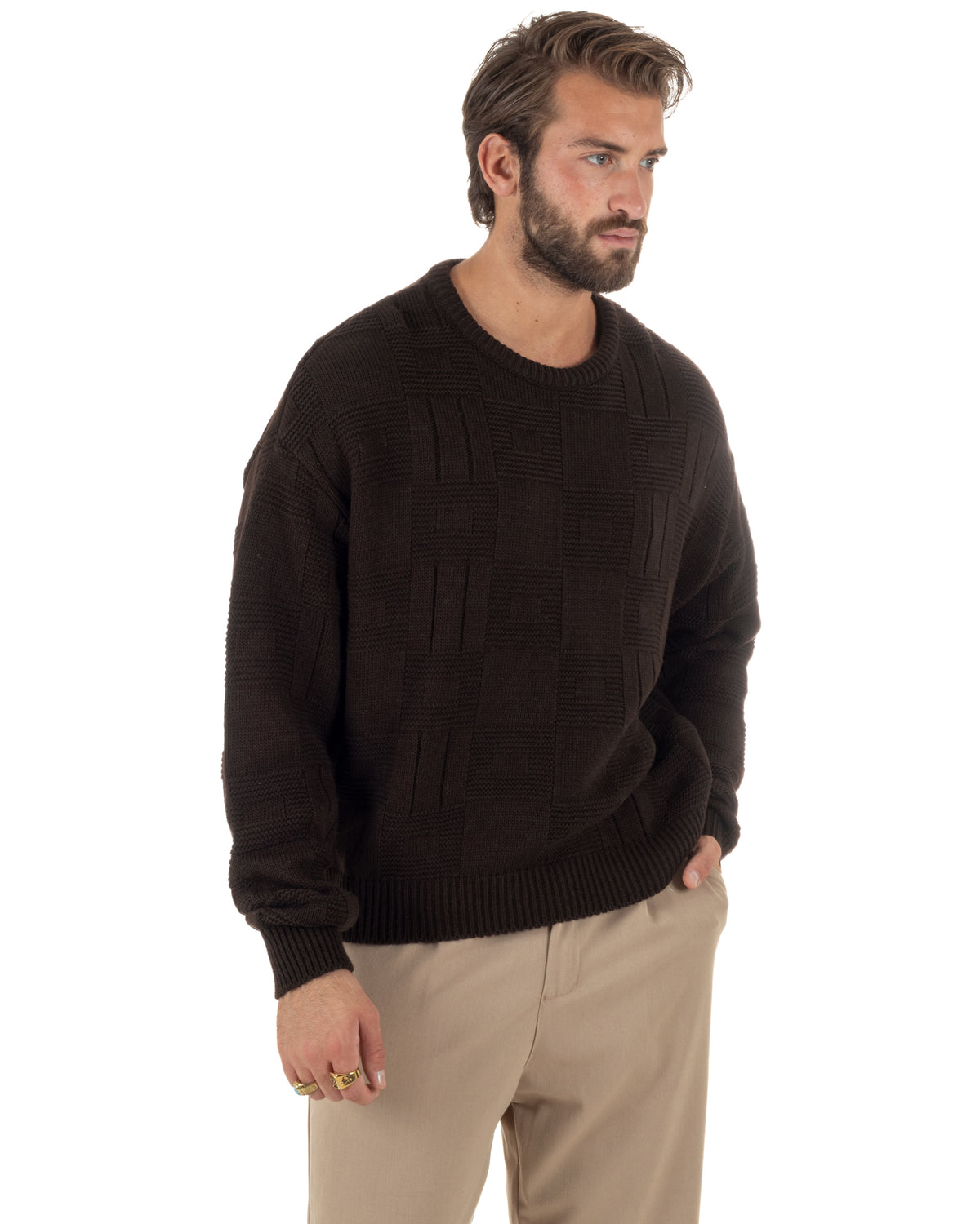 Maglioncino misto lana uomo girocollo boxy fit fantasia a quadri coste marrone GIOSAL-M3189A
