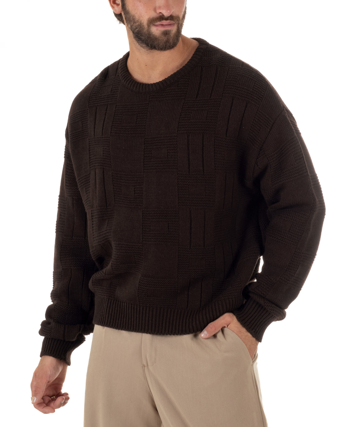 Maglioncino misto lana uomo girocollo boxy fit fantasia a quadri coste marrone GIOSAL-M3189A