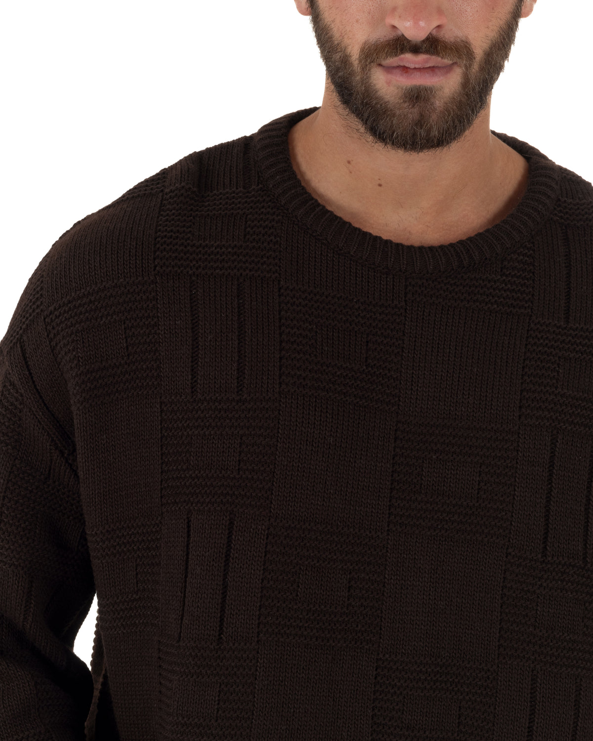 Maglioncino misto lana uomo girocollo boxy fit fantasia a quadri coste marrone GIOSAL-M3189A