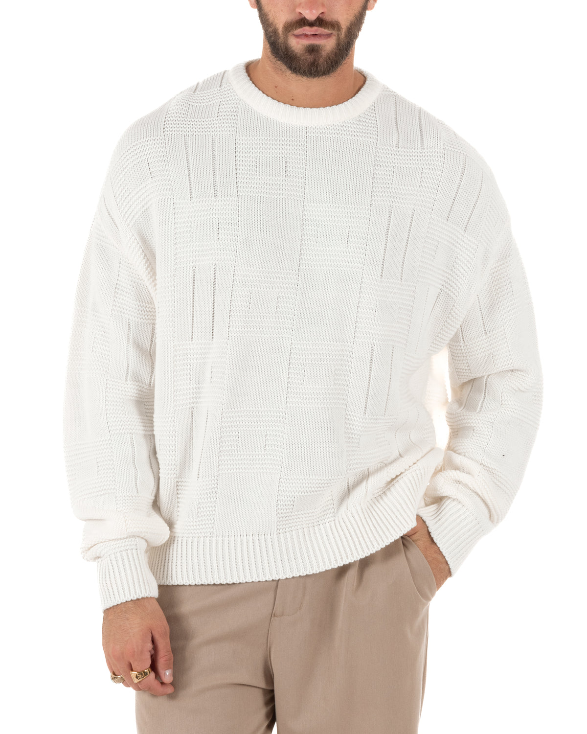 Maglioncino misto lana uomo girocollo boxy fit fantasia a quadri coste panna GIOSAL-M3190A