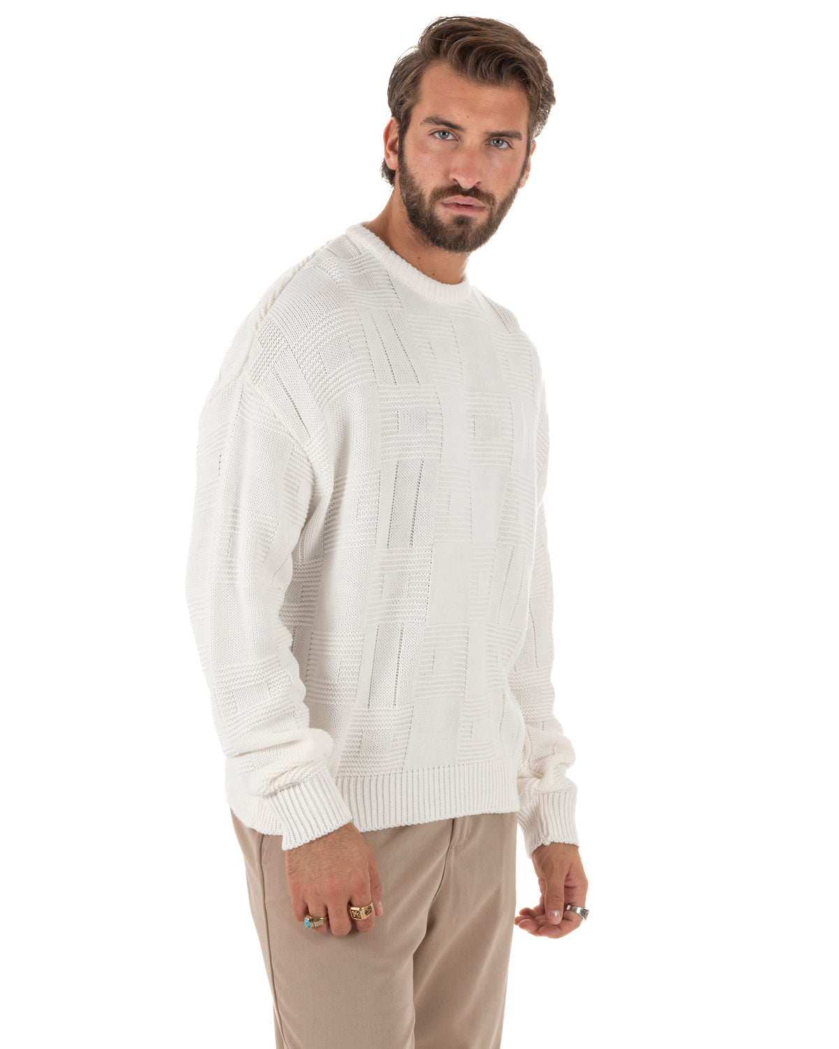 Maglioncino misto lana uomo girocollo boxy fit fantasia a quadri coste panna GIOSAL-M3190A