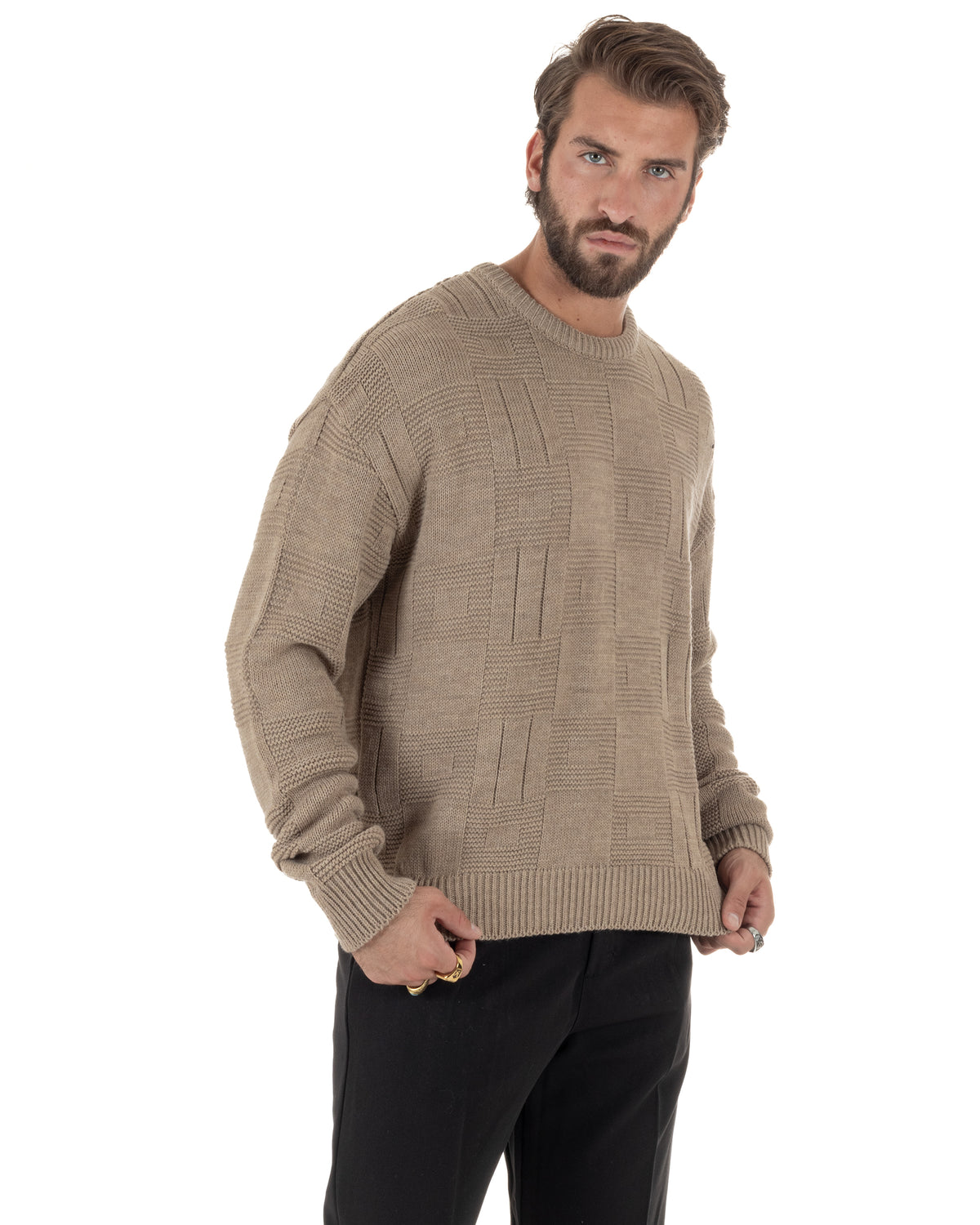 Maglioncino misto lana uomo girocollo boxy fit fantasia a quadri coste beige GIOSAL-M3191A