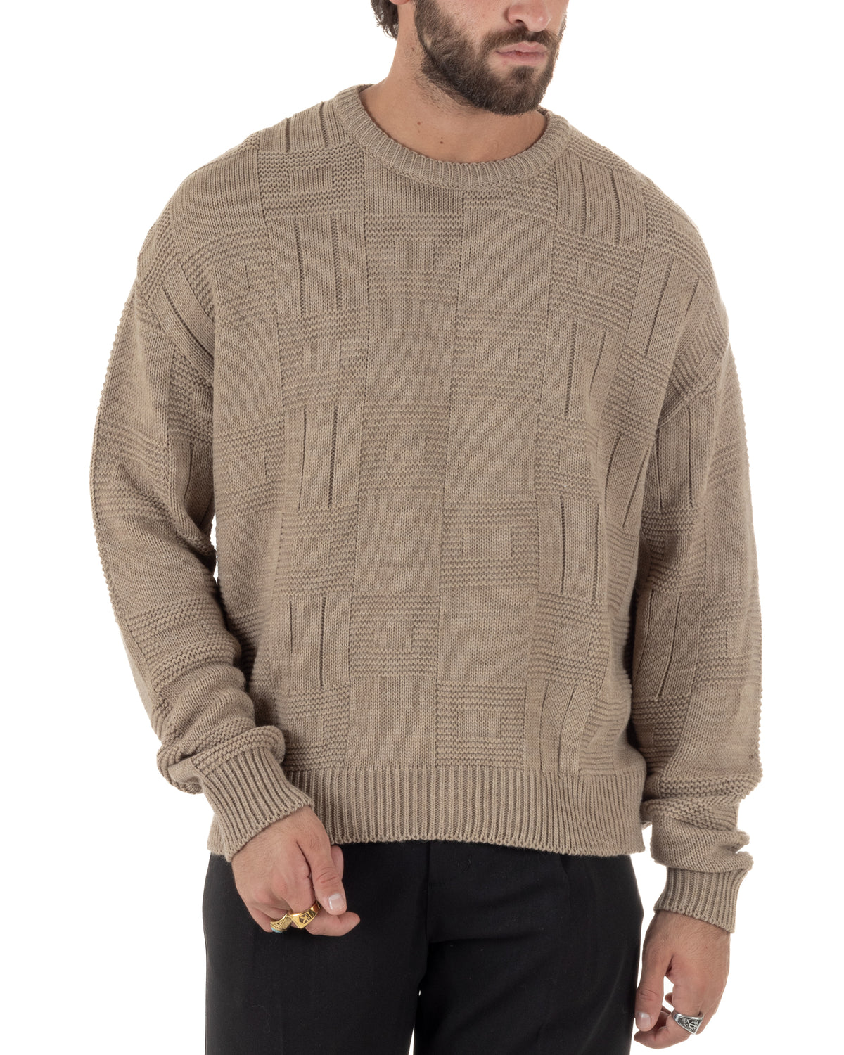 Maglioncino misto lana uomo girocollo boxy fit fantasia a quadri coste beige GIOSAL-M3191A