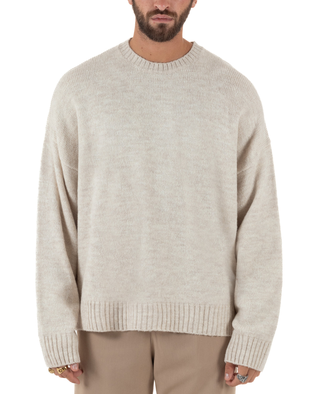 Maglioncino lana mohair uomo girocollo maglia boxy fit morbido beige BlackSunday-M3193A