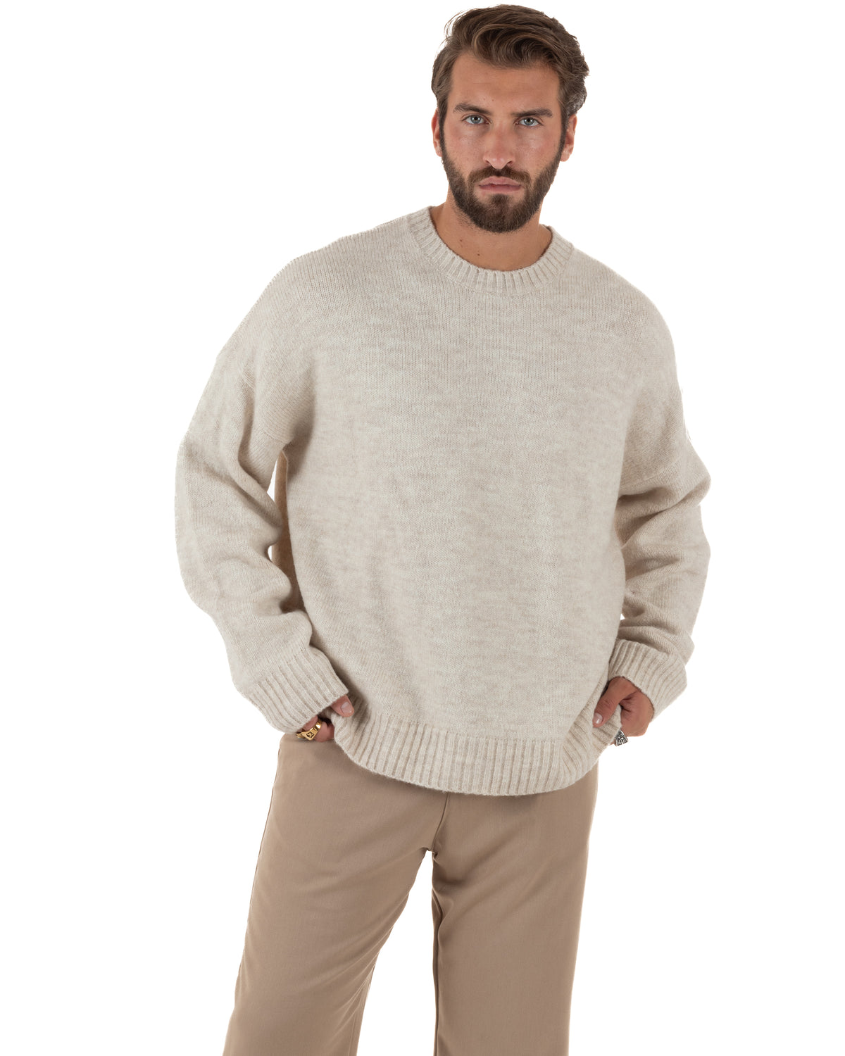 Maglioncino lana mohair uomo girocollo maglia boxy fit morbido beige BlackSunday-M3193A