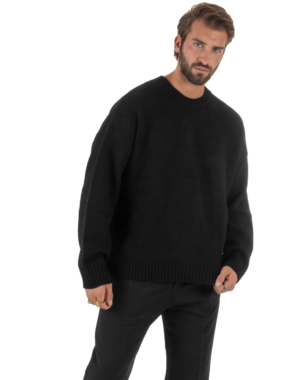 Maglioncino lana mohair uomo girocollo maglia boxy fit morbido nero BlackSunday-M3194A