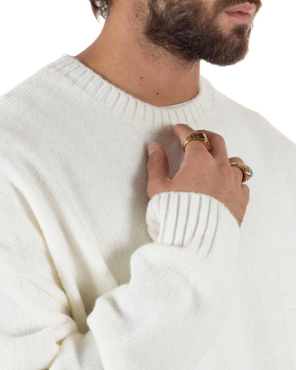 Jersey mixto de lana y mohair para hombre de cuello redondo, punto boxy fit suave color crema BlackSunday-M3195A
