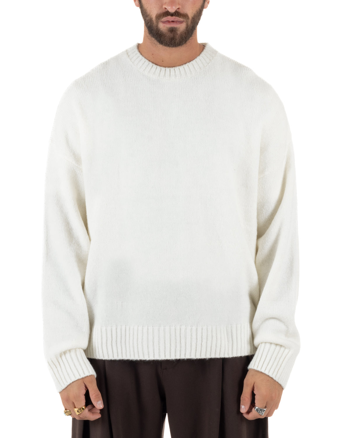 Jersey mixto de lana y mohair para hombre de cuello redondo, punto boxy fit suave color crema BlackSunday-M3195A