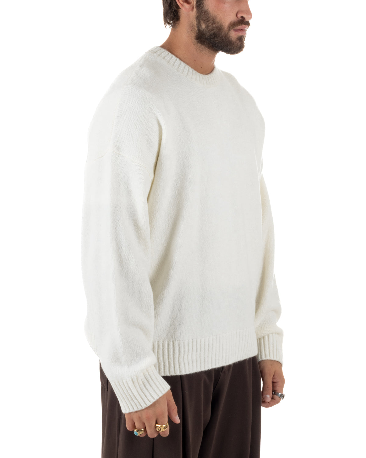 Jersey mixto de lana y mohair para hombre de cuello redondo, punto boxy fit suave color crema BlackSunday-M3195A