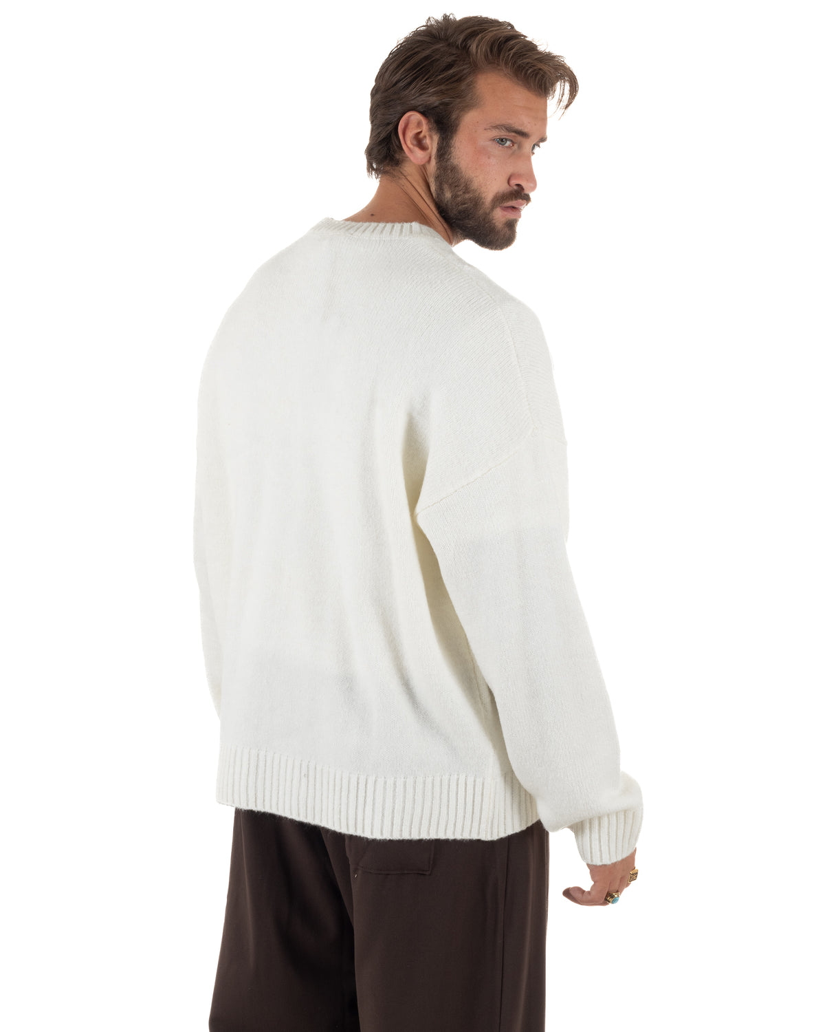 Jersey mixto de lana y mohair para hombre de cuello redondo, punto boxy fit suave color crema BlackSunday-M3195A