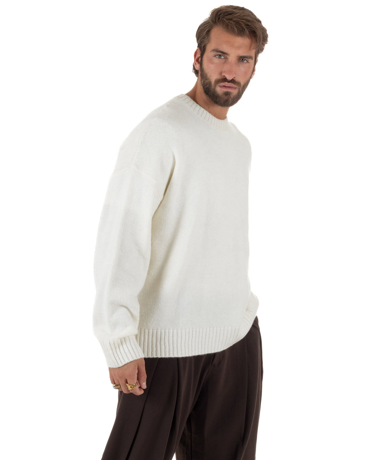 Maglioncino lana mohair uomo girocollo maglia boxy fit morbido panna BlackSunday-M3195A