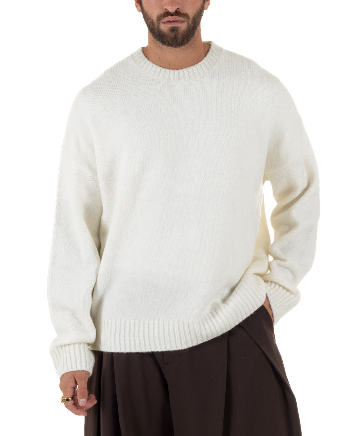 Maglioncino lana mohair uomo girocollo maglia boxy fit morbido panna BlackSunday-M3195A