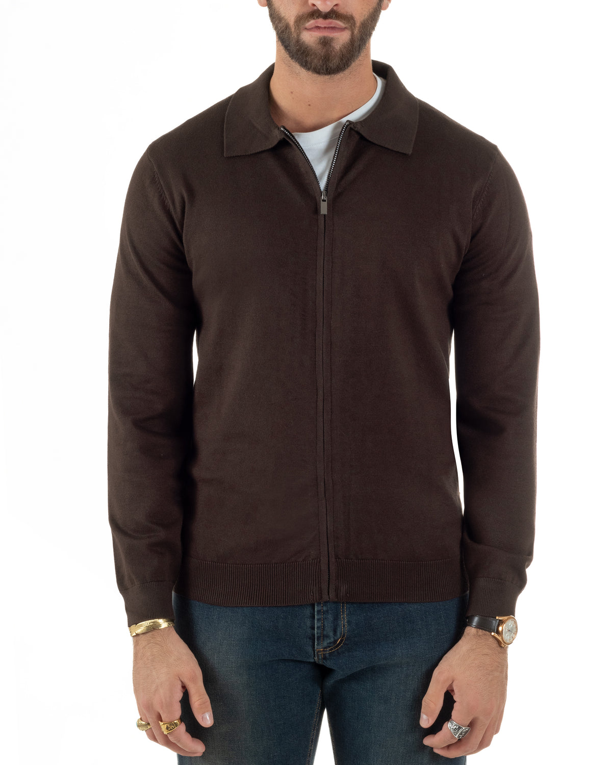 Cárdigan de hombre de punto liso con cuello polo y cremallera completa marrón GIOSAL-M3196A