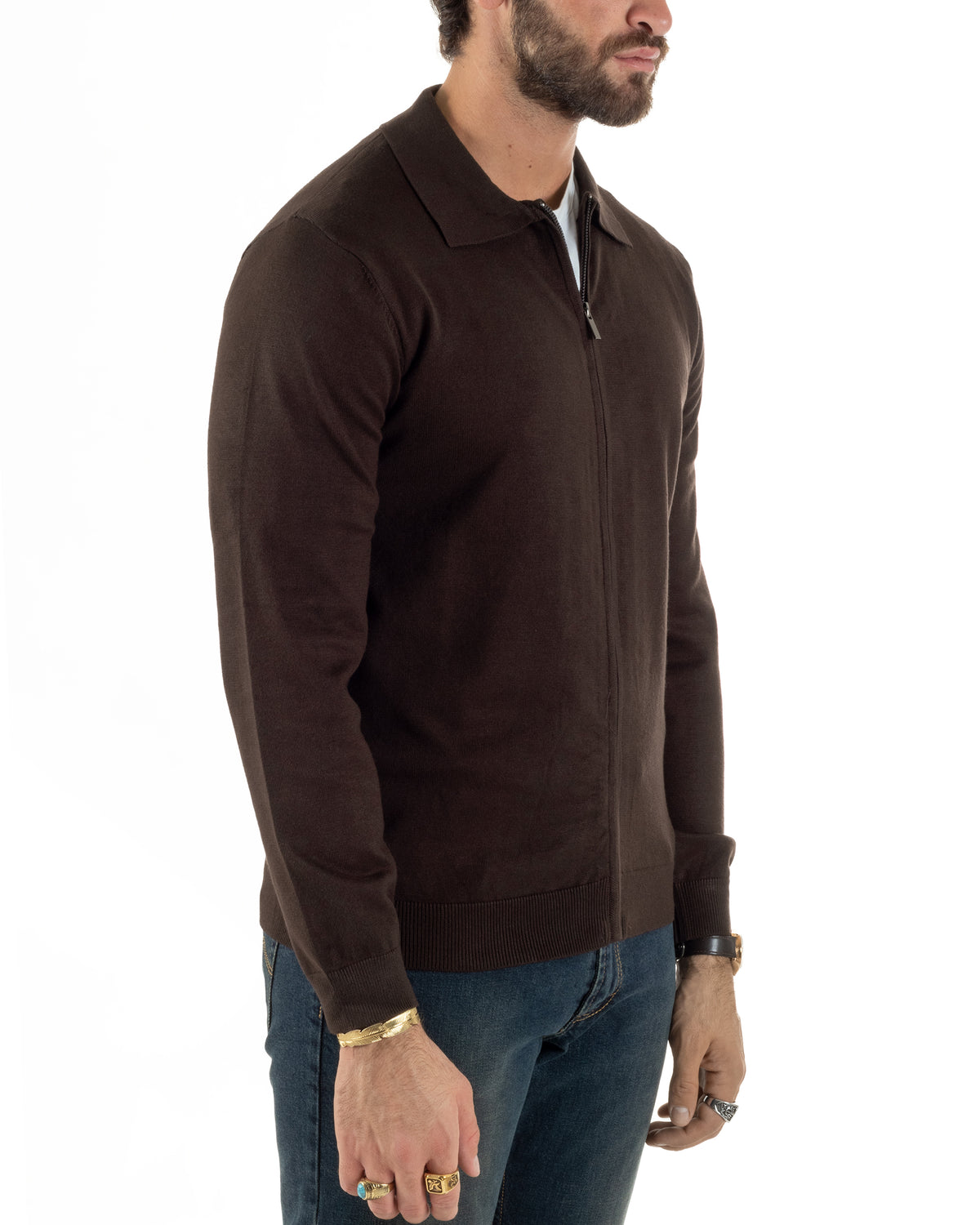 Cárdigan de hombre de punto liso con cuello polo y cremallera completa marrón GIOSAL-M3196A