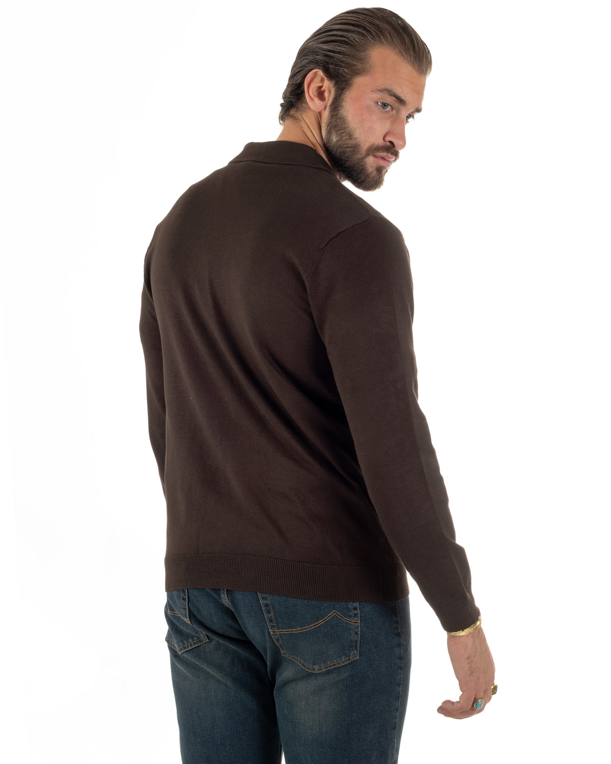 Cárdigan de hombre de punto liso con cuello polo y cremallera completa marrón GIOSAL-M3196A