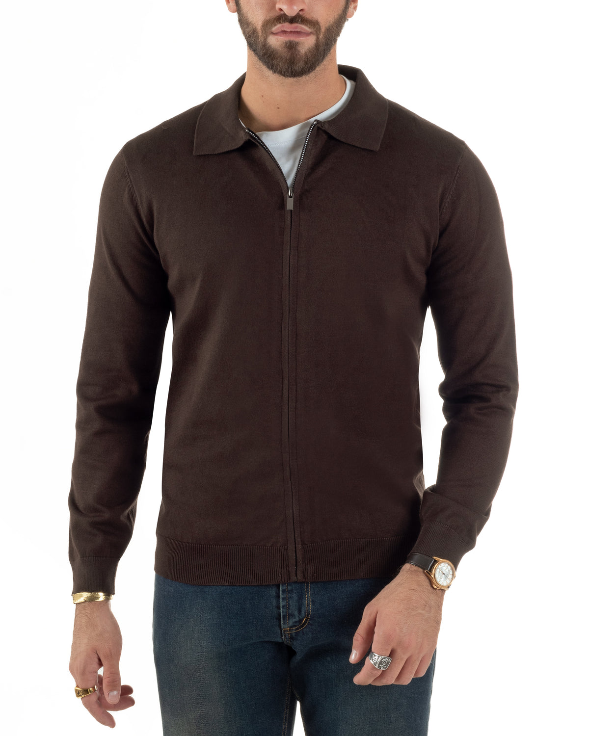 Cárdigan de hombre de punto liso con cuello polo y cremallera completa marrón GIOSAL-M3196A
