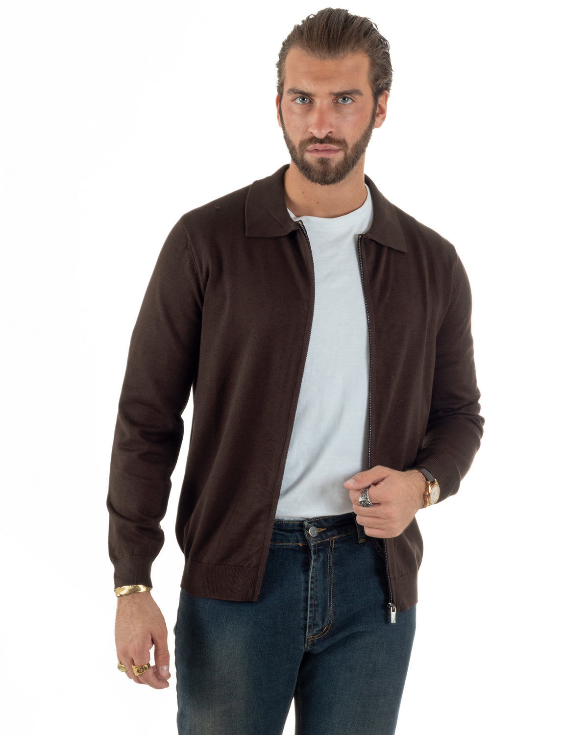 Cárdigan de hombre de punto liso con cuello polo y cremallera completa marrón GIOSAL-M3196A