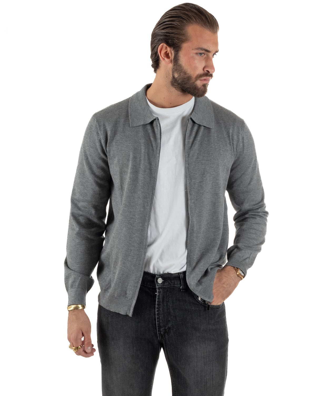 Cárdigan de punto liso para hombre con cuello polo y cremallera completa gris GIOSAL-M3197A