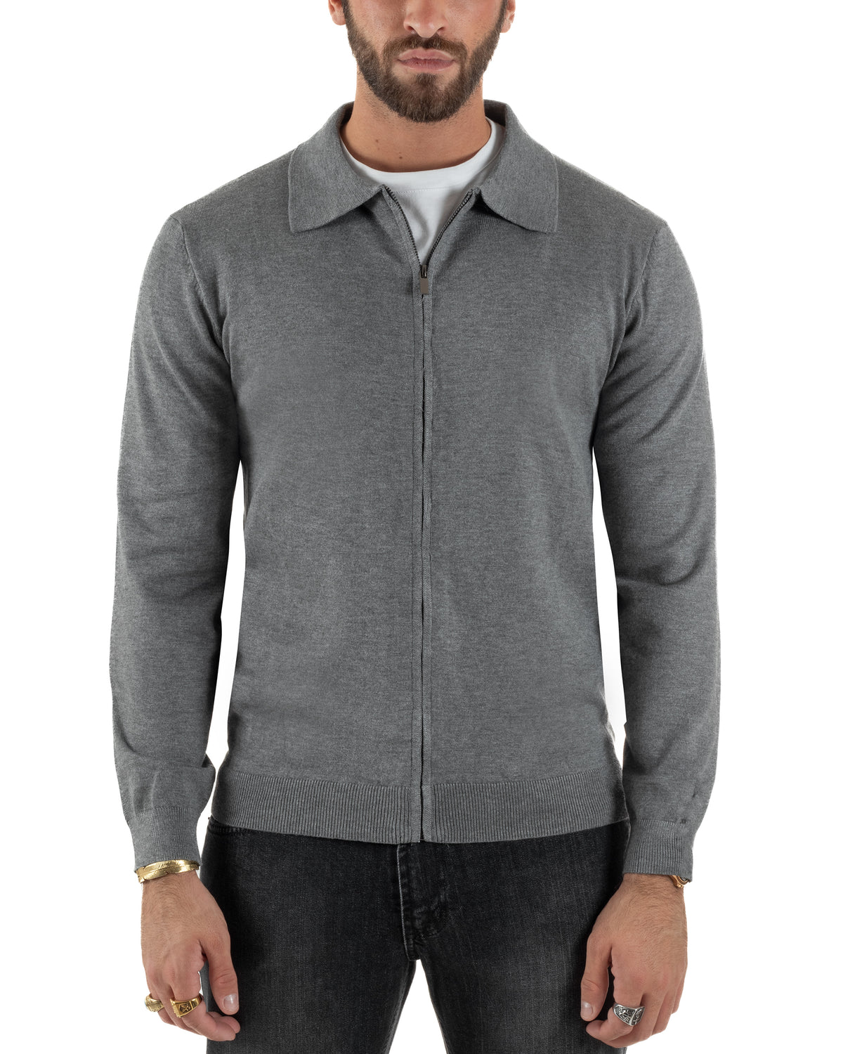 Cárdigan de punto liso para hombre con cuello polo y cremallera completa gris GIOSAL-M3197A
