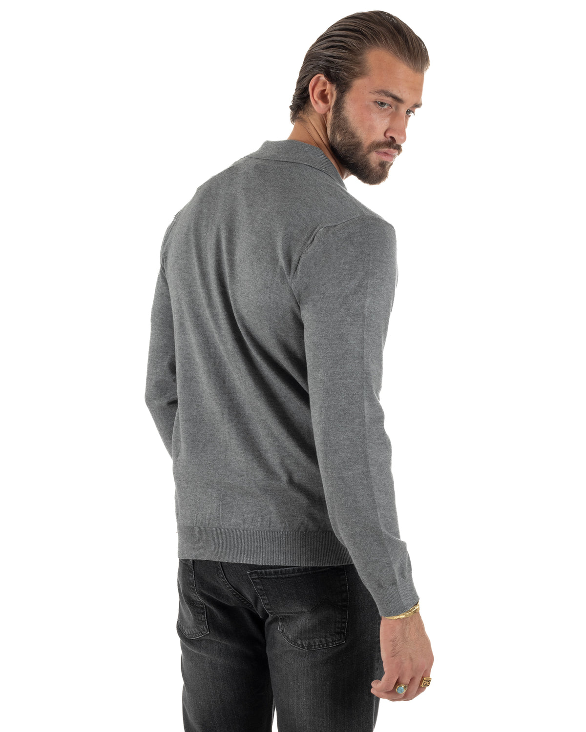 Cárdigan de punto liso para hombre con cuello polo y cremallera completa gris GIOSAL-M3197A