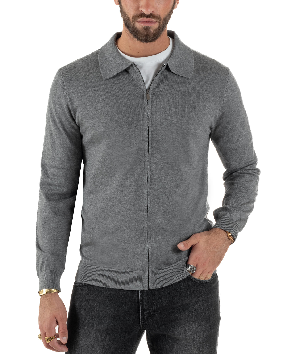 Cárdigan de punto liso para hombre con cuello polo y cremallera completa gris GIOSAL-M3197A