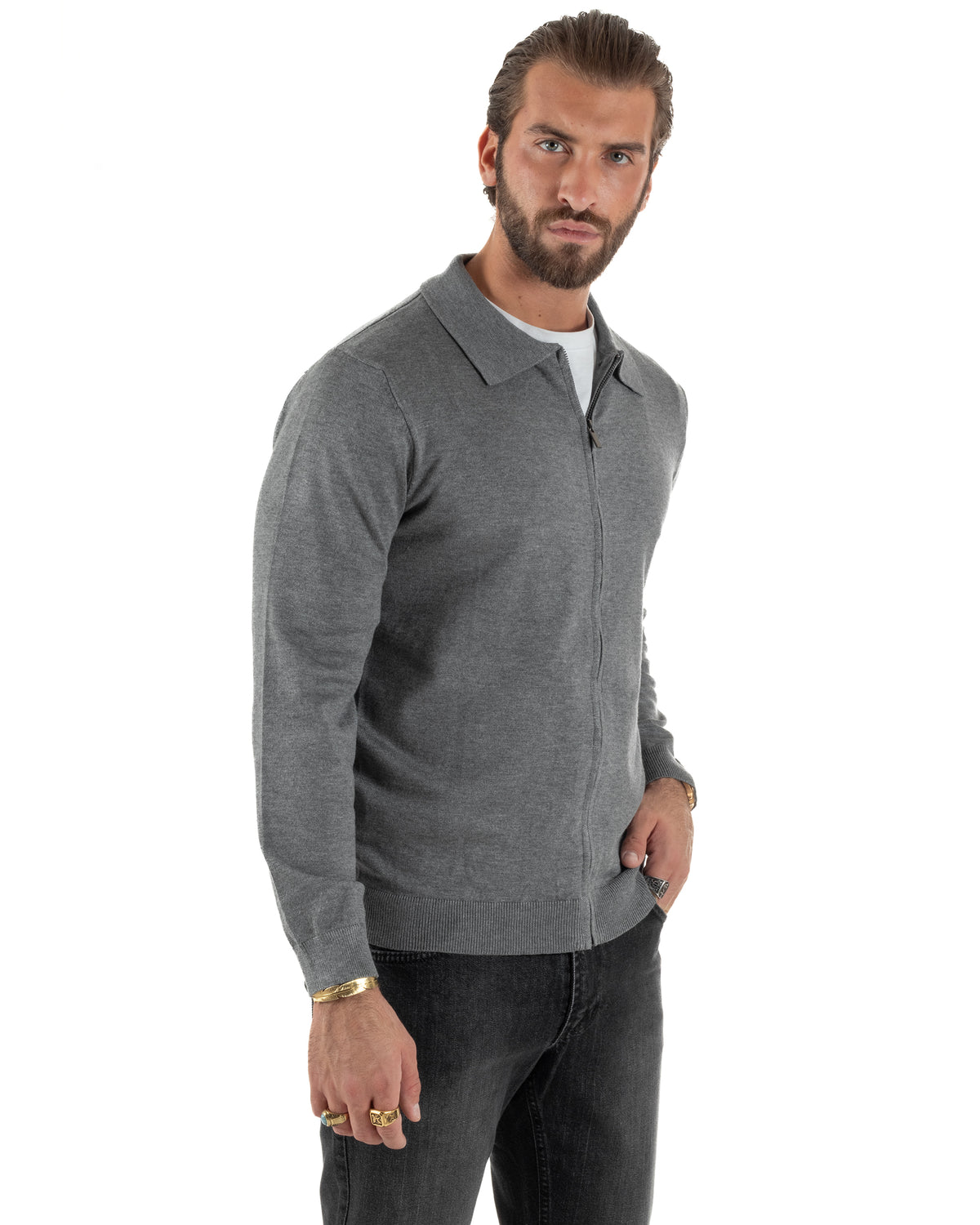 Cárdigan de punto liso para hombre con cuello polo y cremallera completa gris GIOSAL-M3197A