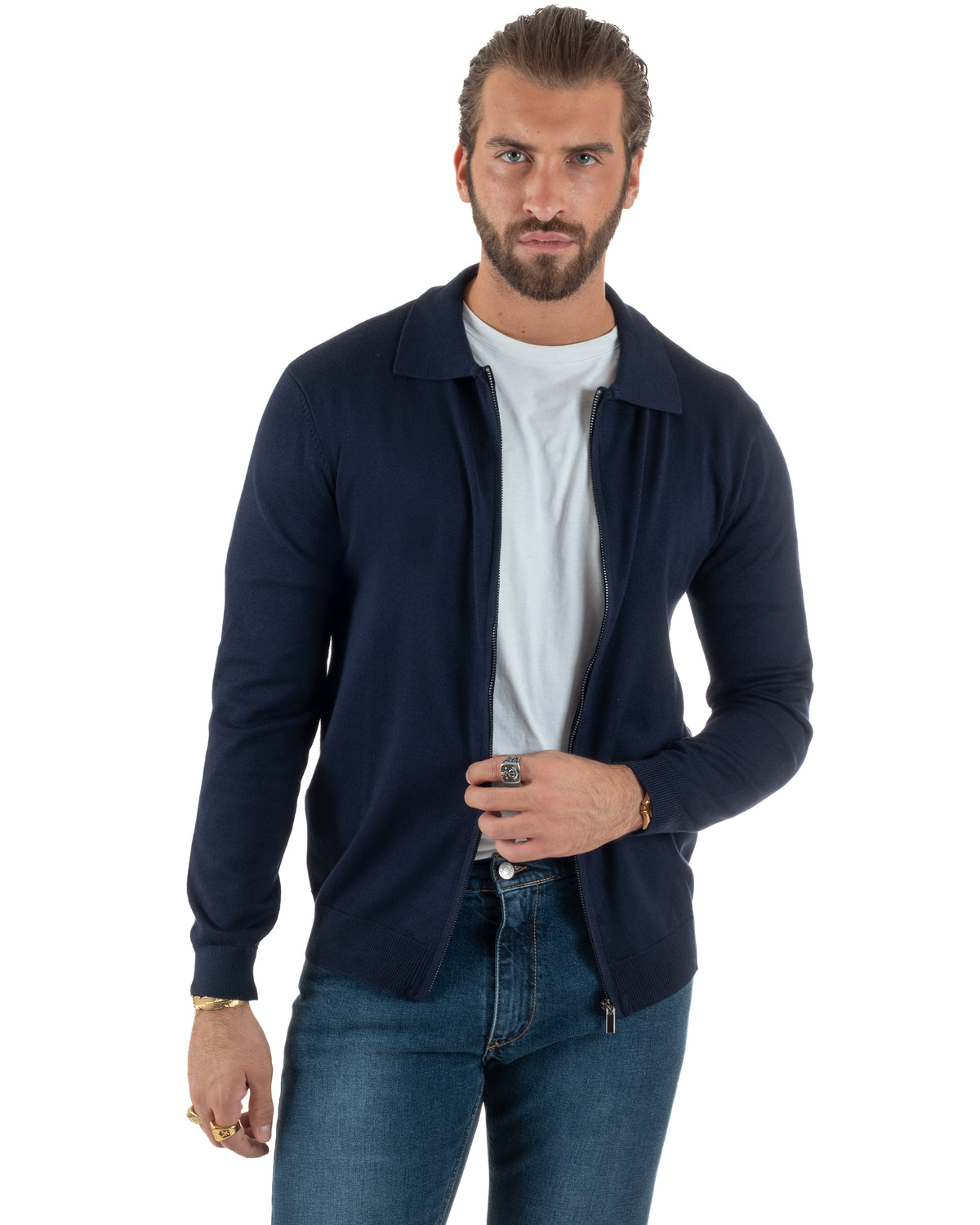 Polo uomo maglia rasata cardigan colletto full zip blu GIOSAL-M3198A