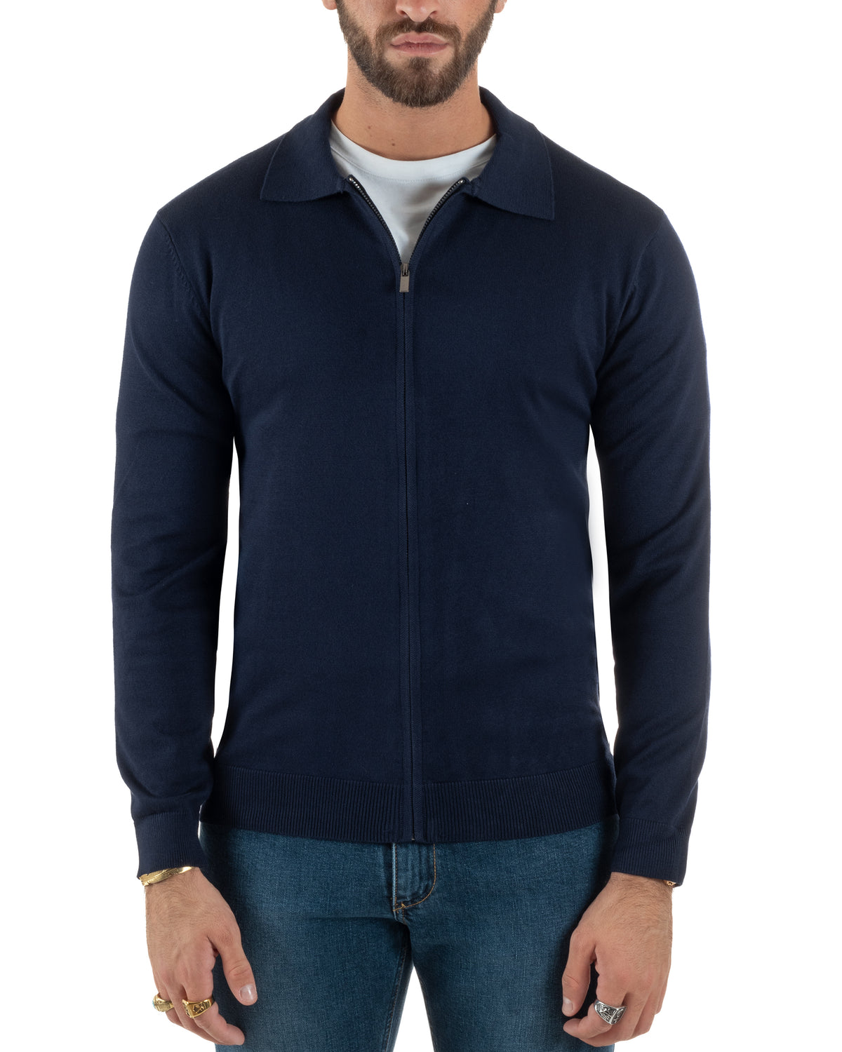 Polo uomo maglia rasata cardigan colletto full zip blu GIOSAL-M3198A