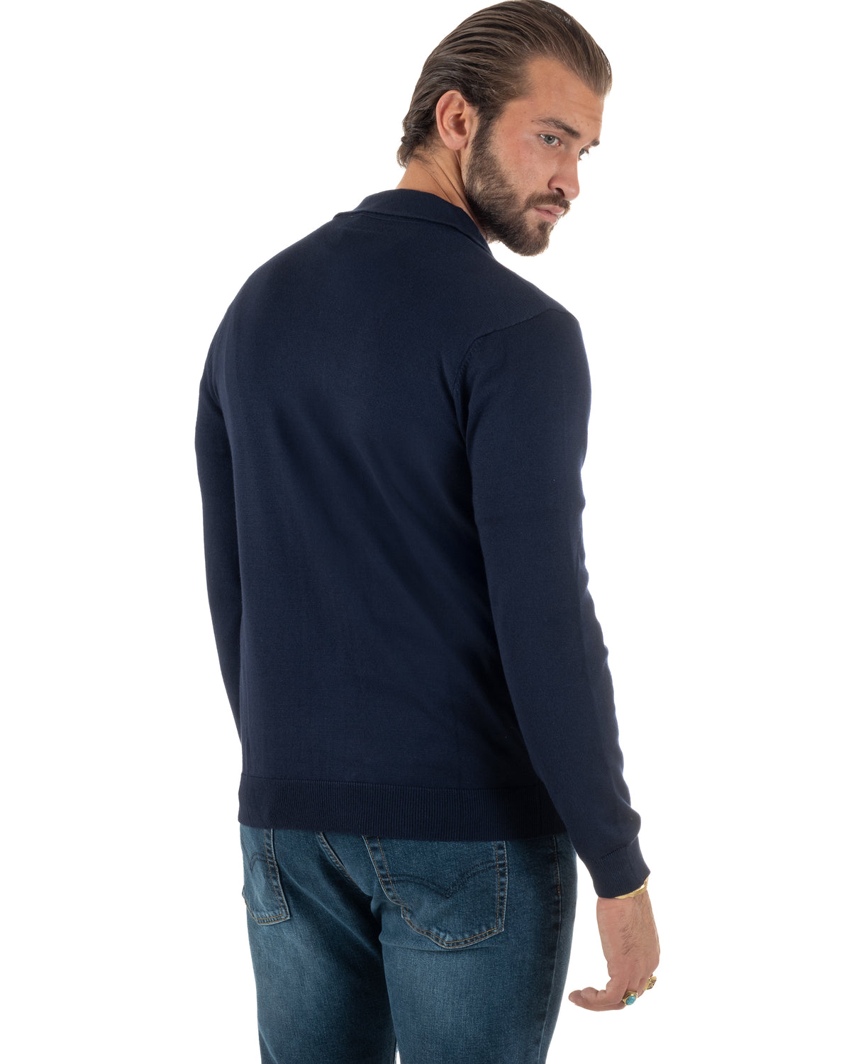 Polo uomo maglia rasata cardigan colletto full zip blu GIOSAL-M3198A