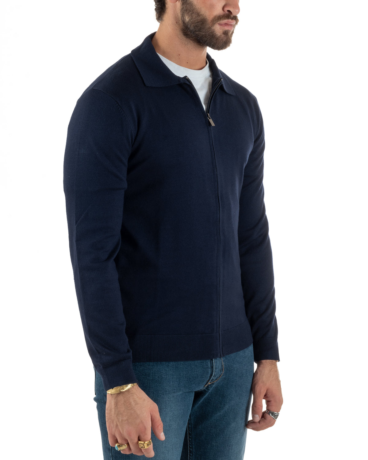 Polo uomo maglia rasata cardigan colletto full zip blu GIOSAL-M3198A