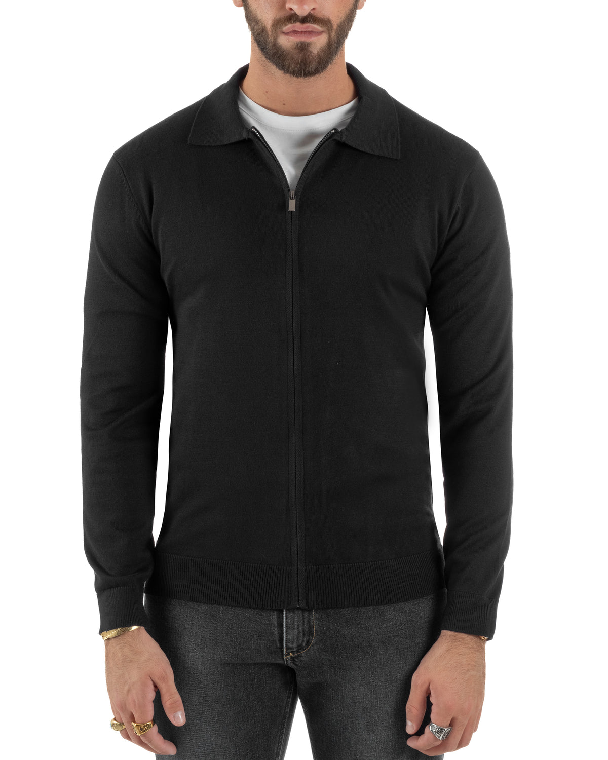 Cárdigan de hombre de punto liso con cuello polo, cremallera completa, negro GIOSAL-M3199A