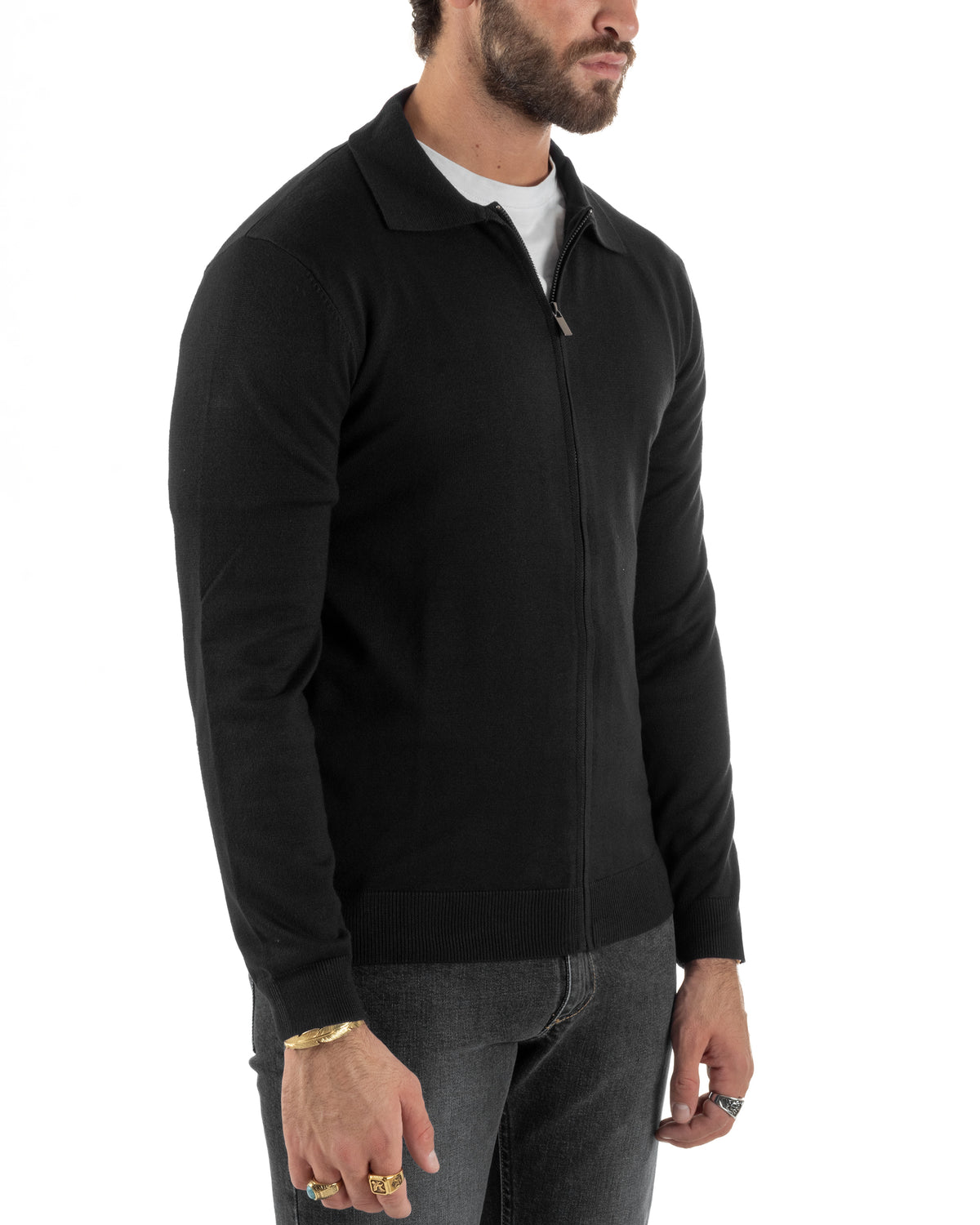 Cárdigan de hombre de punto liso con cuello polo, cremallera completa, negro GIOSAL-M3199A