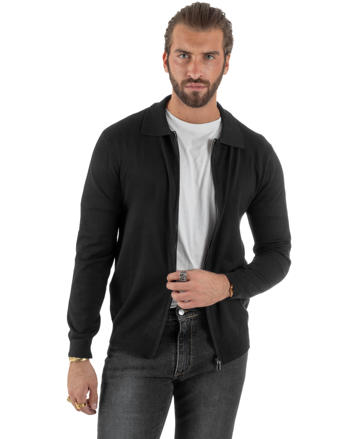 Cárdigan de hombre de punto liso con cuello polo, cremallera completa, negro GIOSAL-M3199A