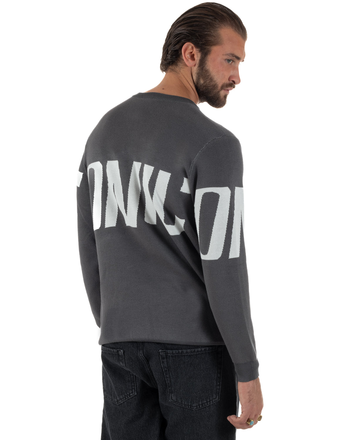 Maglione uomo girocollo maglia stripe con logo grigio ICON-IUM004
