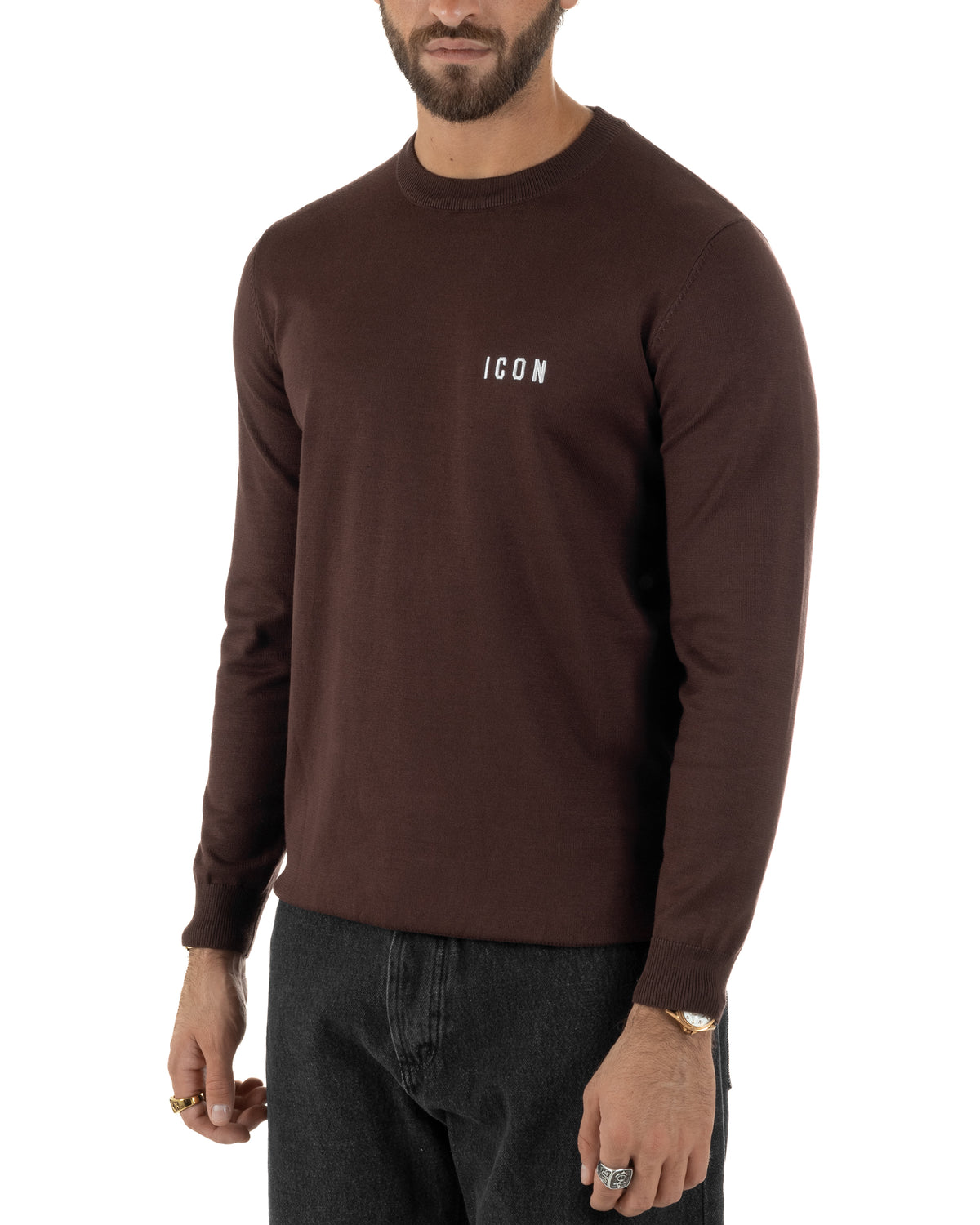 Maglione uomo girocollo maglia con ricamo con logo marrone ICON-IUM003