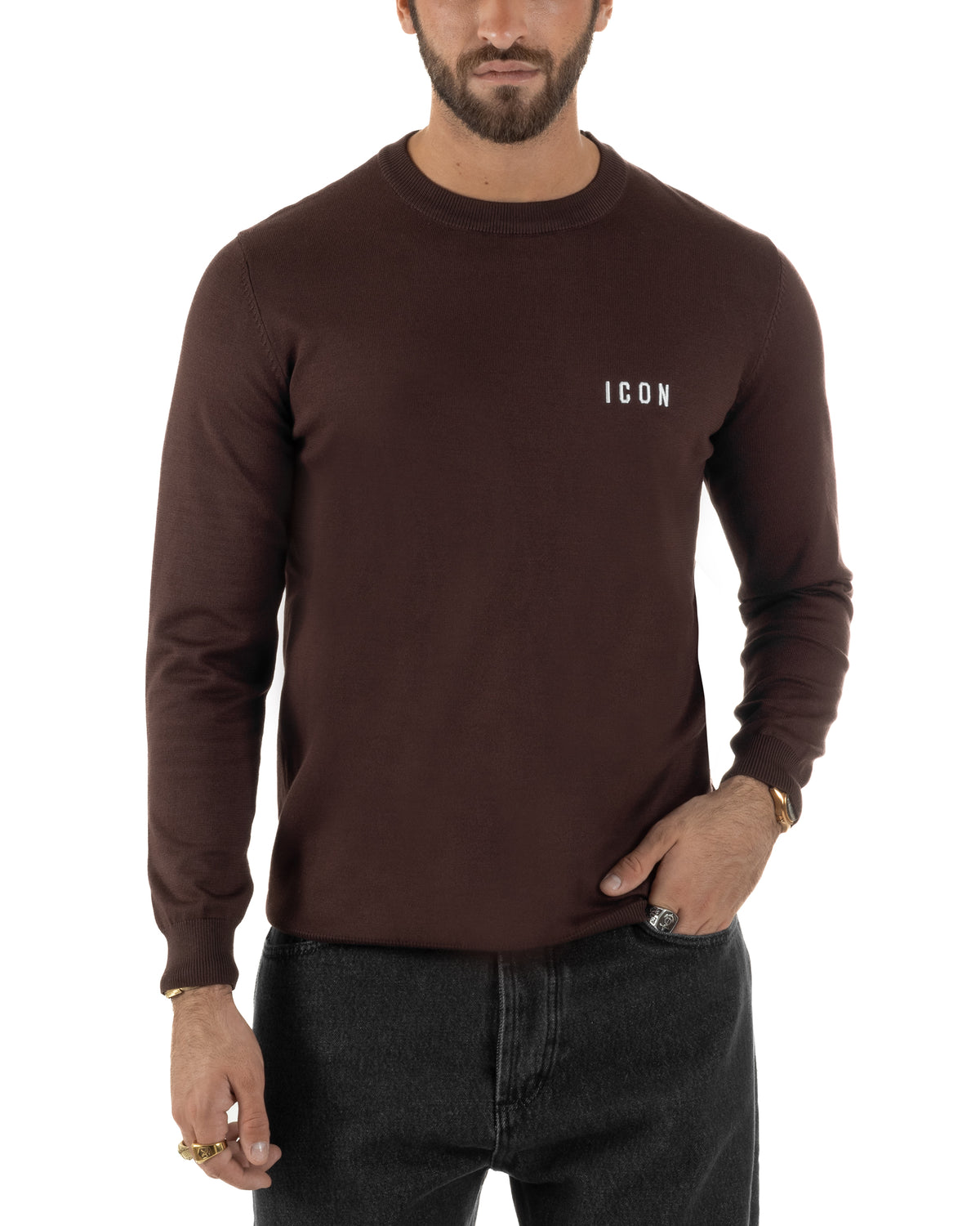 Maglione uomo girocollo maglia con ricamo con logo marrone ICON-IUM003