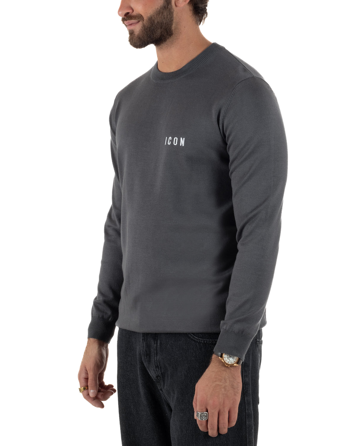 Maglione uomo girocollo maglia con ricamo con logo grigio ICON-IUM003