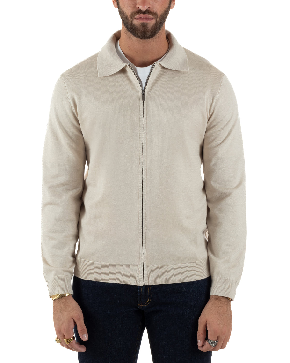 Polo uomo maglia rasata cardigan colletto full zip beige GIOSAL-M3219A
