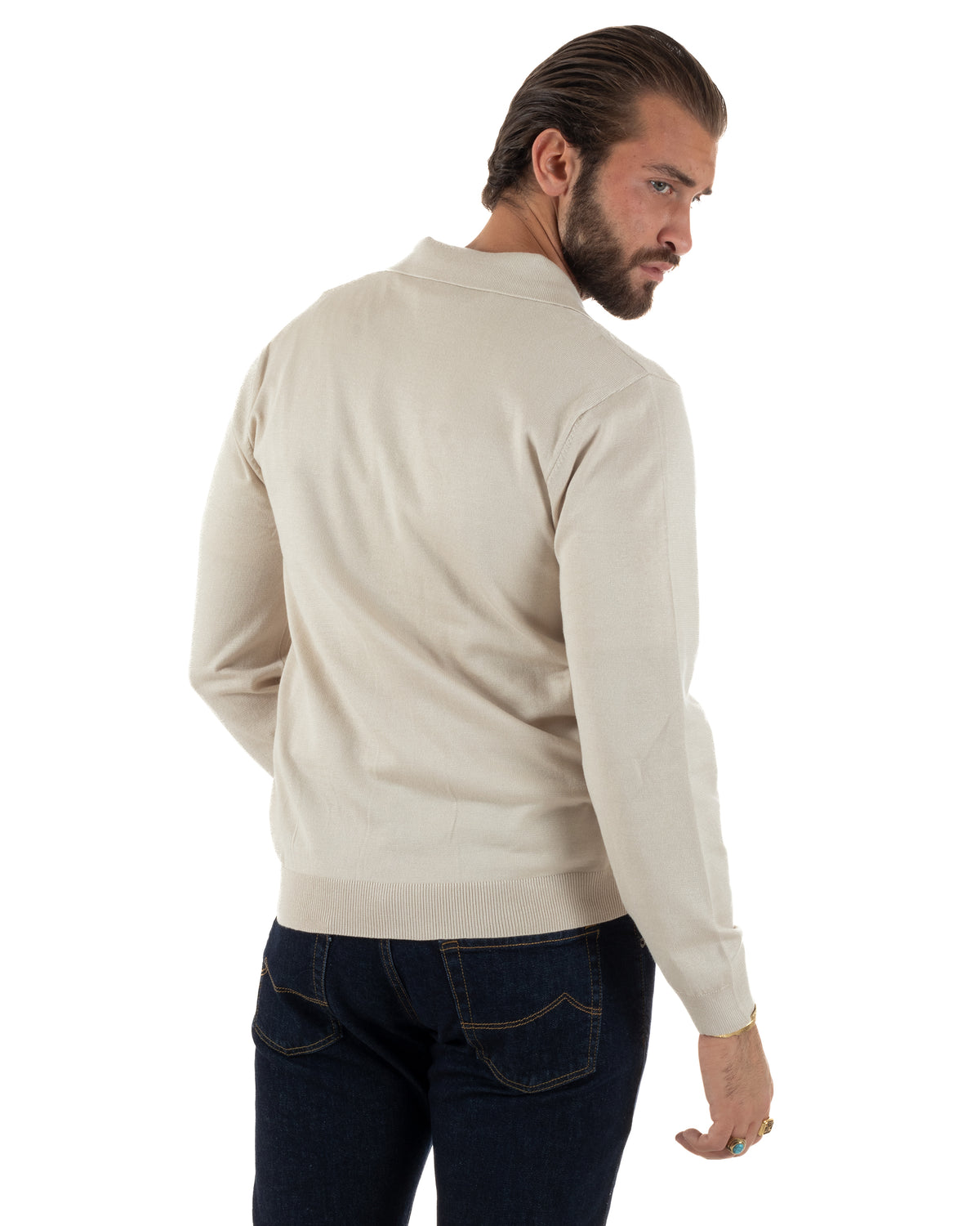 Polo uomo maglia rasata cardigan colletto full zip beige GIOSAL-M3219A