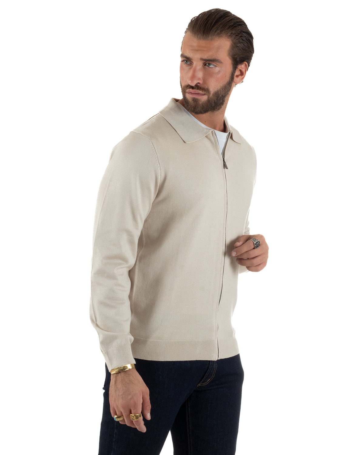 Polo uomo maglia rasata cardigan colletto full zip beige GIOSAL-M3219A