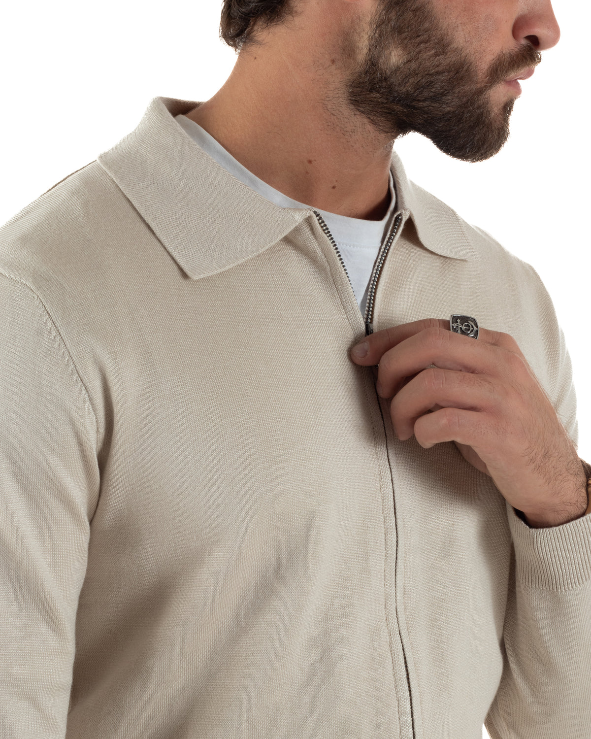 Polo uomo maglia rasata cardigan colletto full zip beige GIOSAL-M3219A